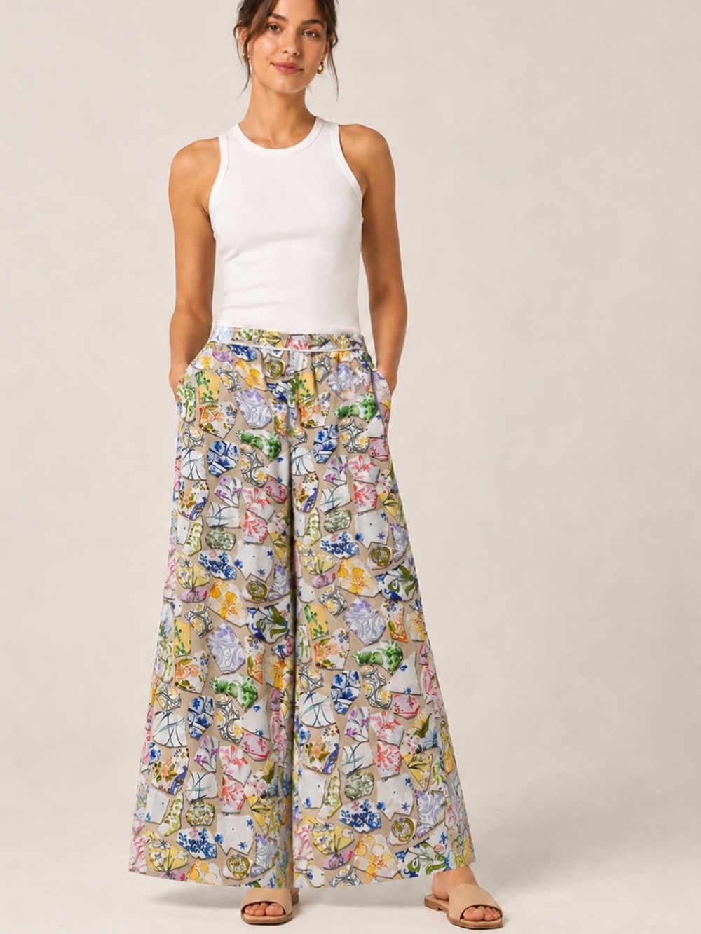 Maeve Anthropologie Printed Wide Leg Pants L Porcelain Pottery Floral Pull On